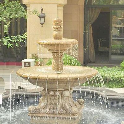 廠家直銷黃銹石石雕噴泉流水水缽石材盆，疊跌水盆直徑2.5-2.8米，打造精美假山水景